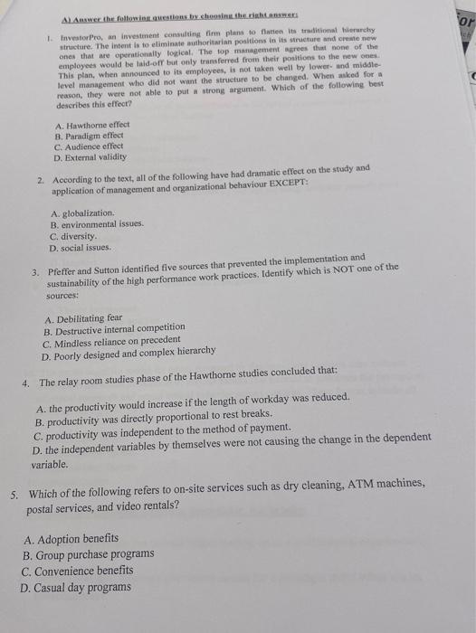 or A) Answer the followigestions by choosin 1.