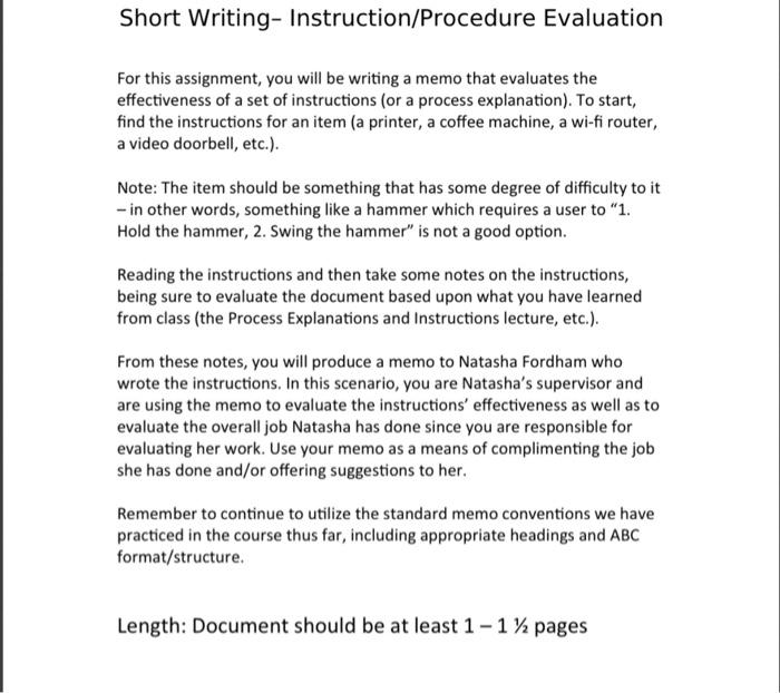 Short Writing-Instruction/Procedure Evaluation
