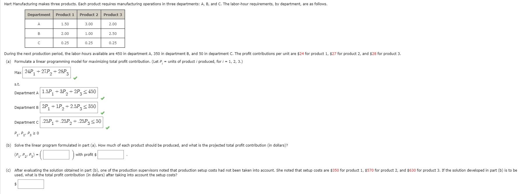 Hart Manufacturing makes three products. Each