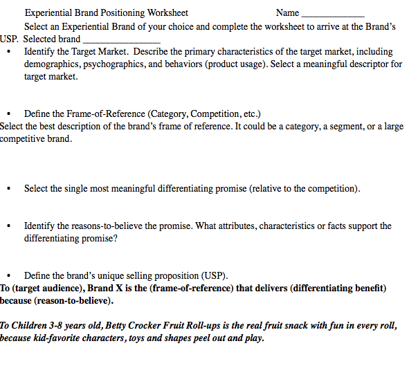 Experiential Brand Positioning Worksheet Name