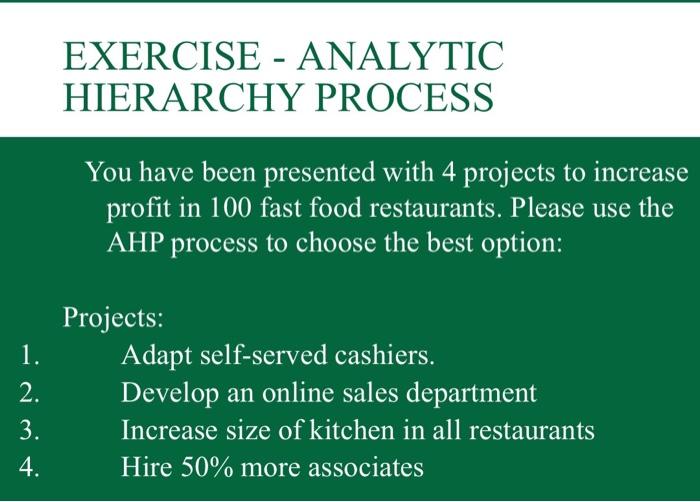 EXERCISE - ANALYTIC HIERARCHY PROCESS You have