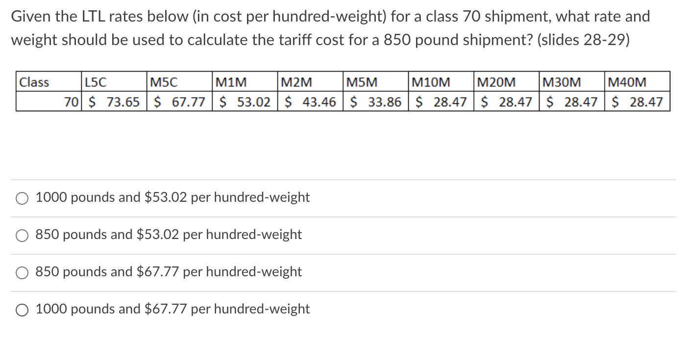 Given the LTL rates below (in cost per
