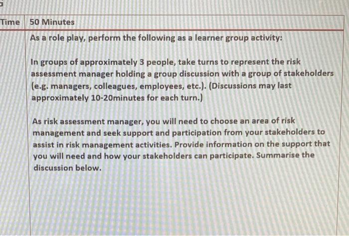 BSBRSK501 Time 50 Minutes As a role play, perform