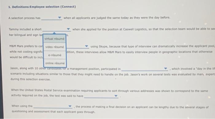 1. Definitions:Employee selection (Connect) A