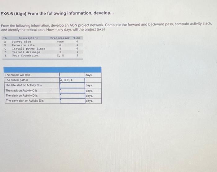 EX6-6 (Algo) From the following information,