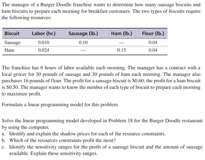 The manager of a Burger Doodle franchise wants to