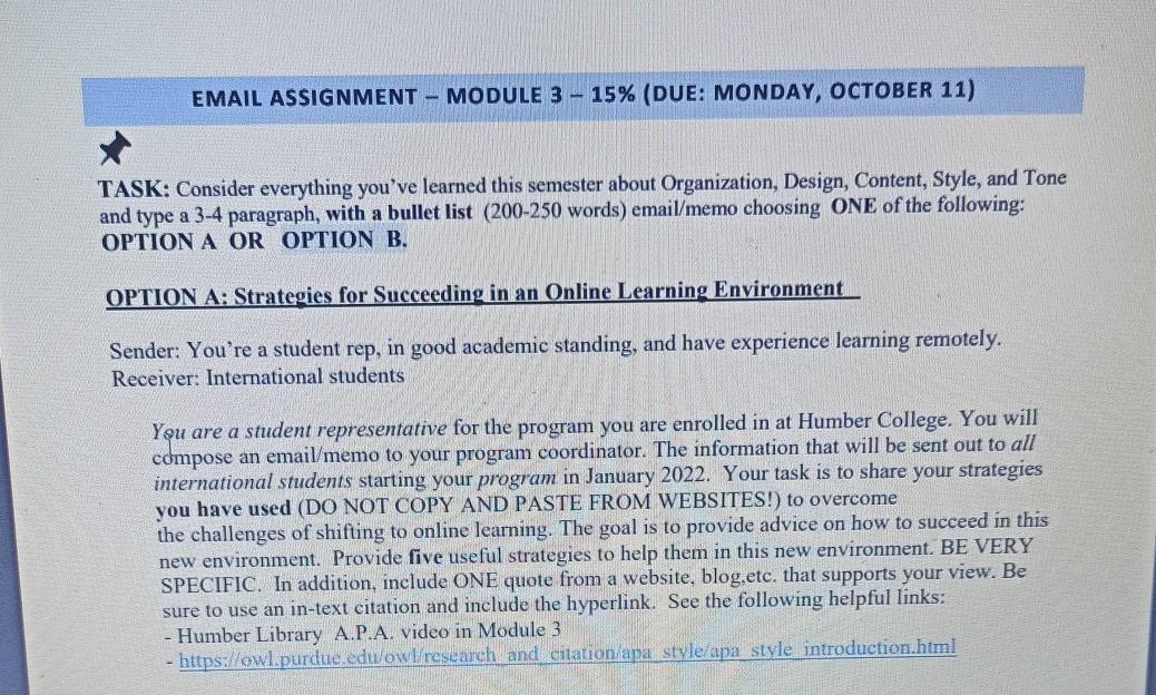 EMAIL ASSIGNMENT - MODULE 3 - 15% (DUE: MONDAY,