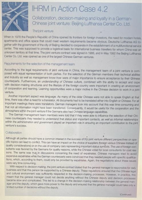 please summarize IHRM in Action Case 4.2