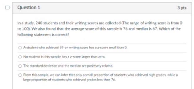 Question 1 3 pts In a study. 240 students and