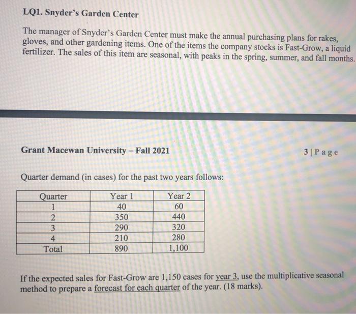LQ1. Snyder's Garden Center The manager of