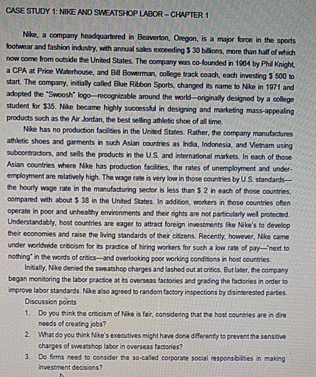 CASE STUDY 1: NIKE AND SWEATSHOP LABOR-CHAPTER 1