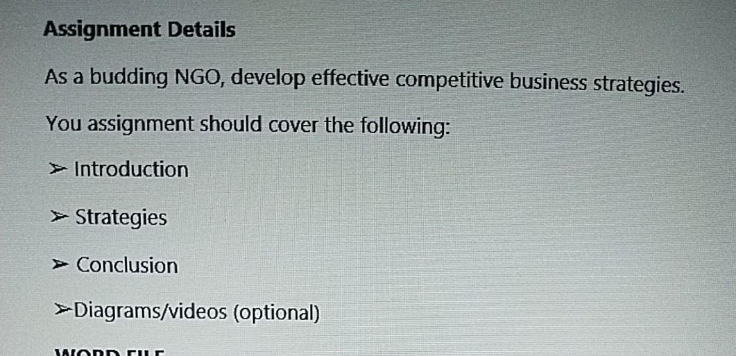 Assignment Details As a budding NGO, develop