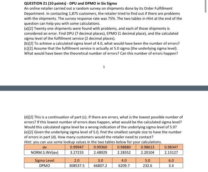 Please help a-e QUESTION 21 (10 points) - DPU and