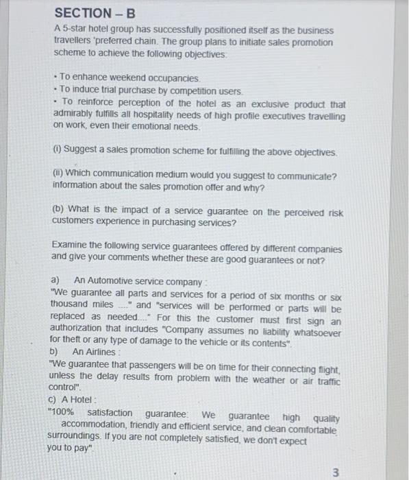 need answers for this SECTION - B A 5-star hotel