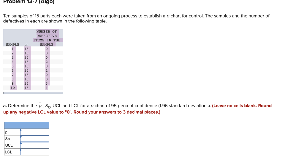 Problem 13-7 (Algo) Ten samples of 15 parts each