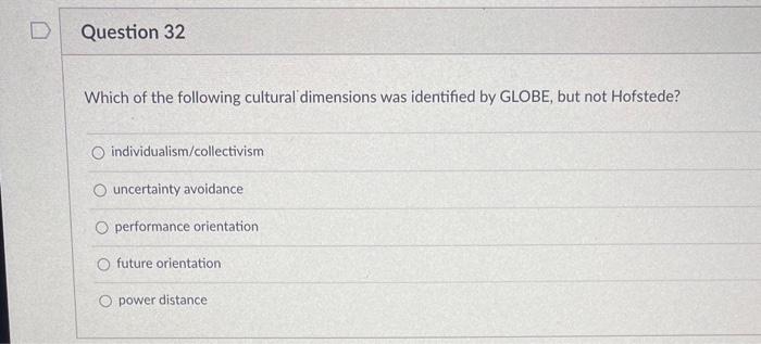 D Question 32 Which of the following cultural