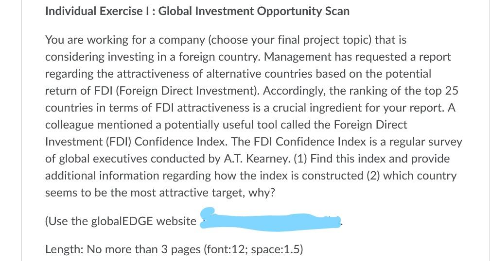 Individual Exercise l: Global Investment