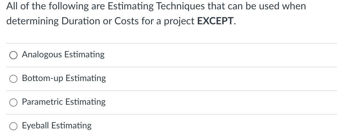 All of the following are Estimating Techniques