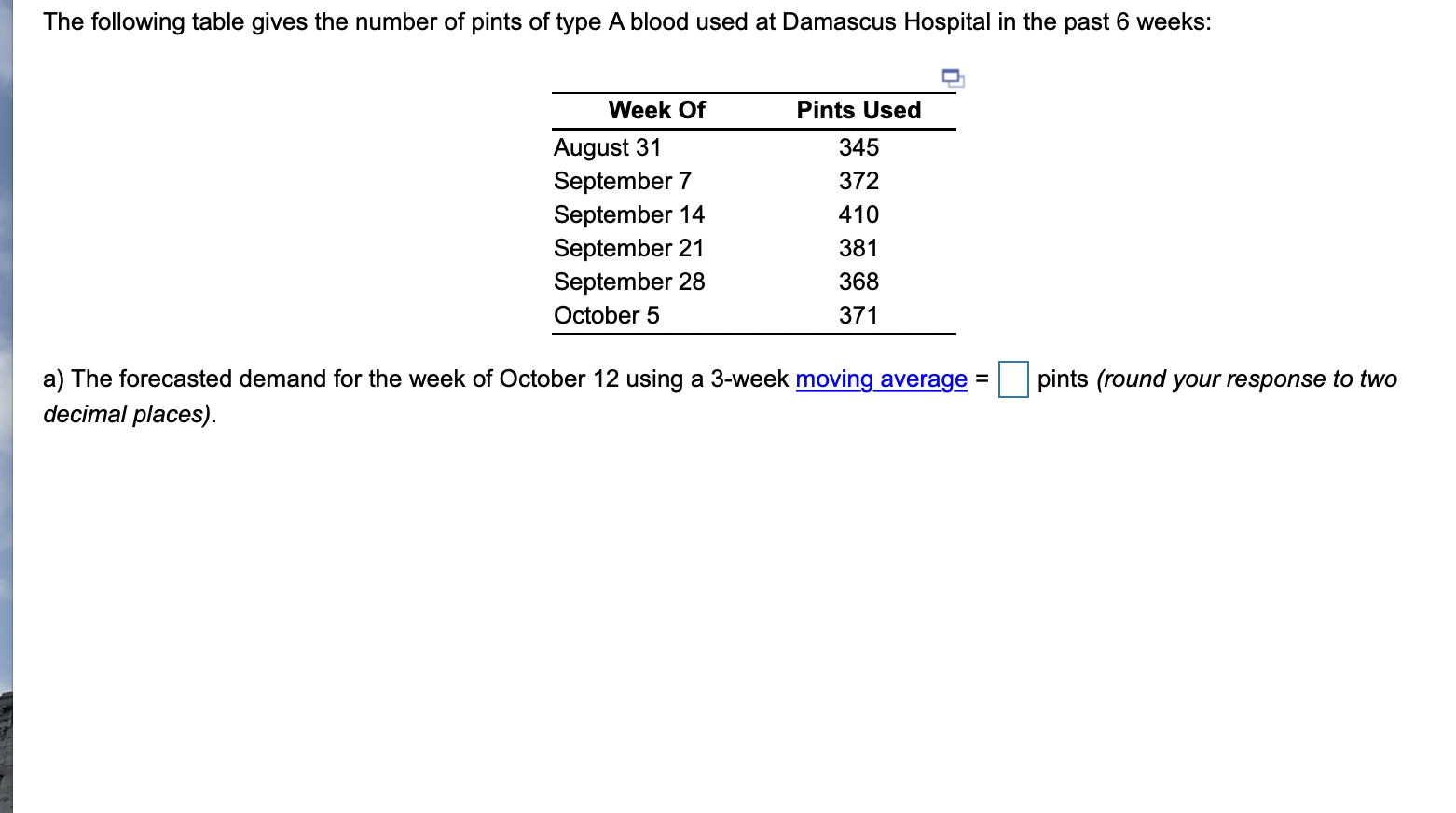 The following table gives the number of pints of