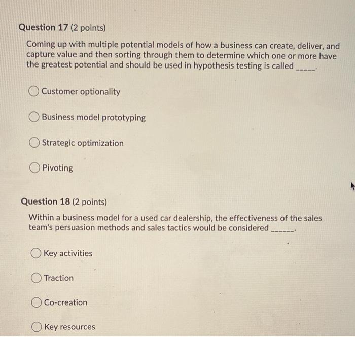 Question 17 (2 points) Coming up with multiple