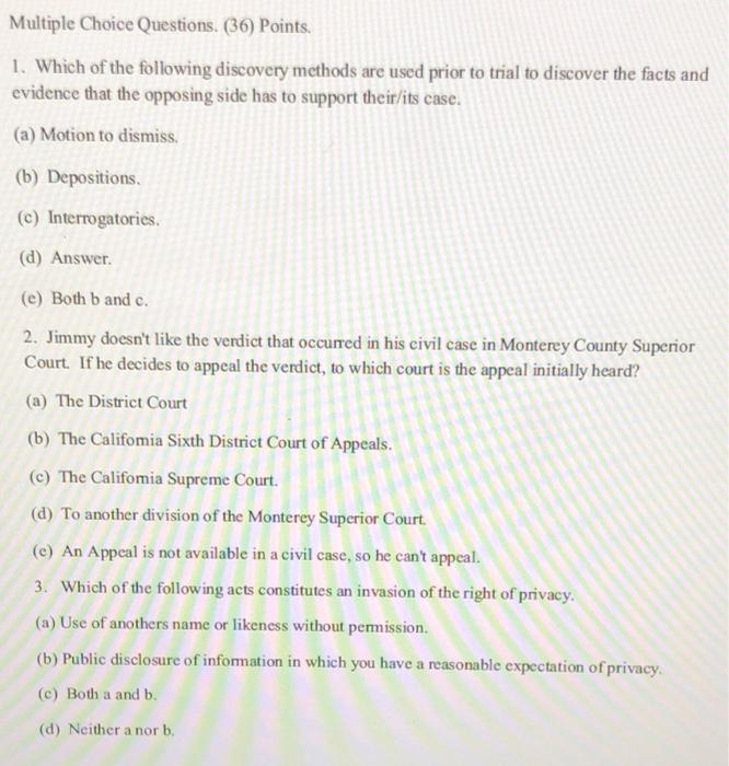 Multiple Choice Questions. (36) Points. 1. Which