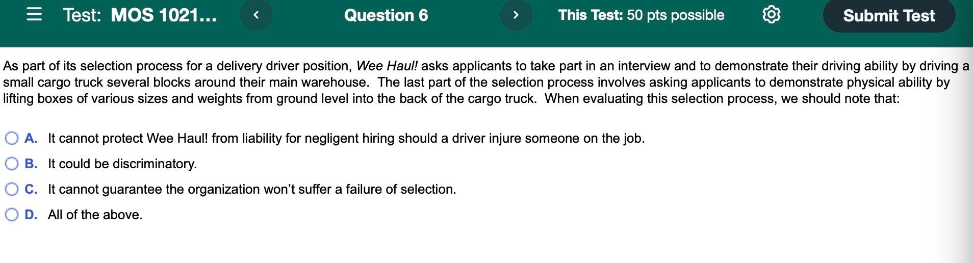 = Test: MOS 1021... < Question 6 > This Test: 50