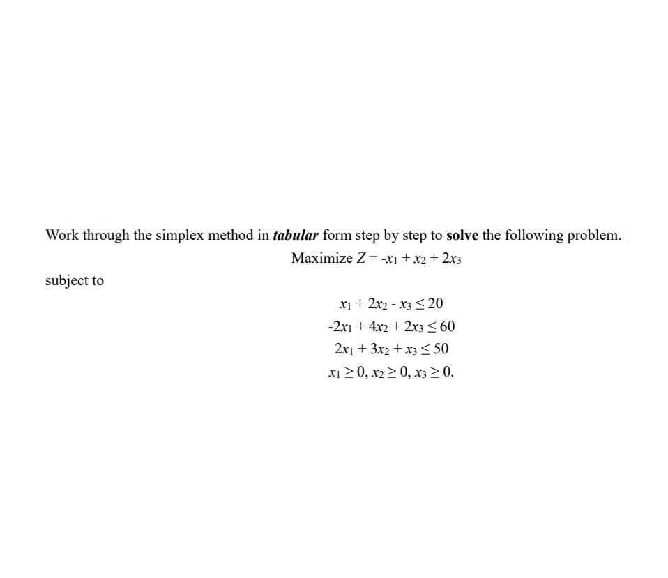 Work through the simplex method in tabular form