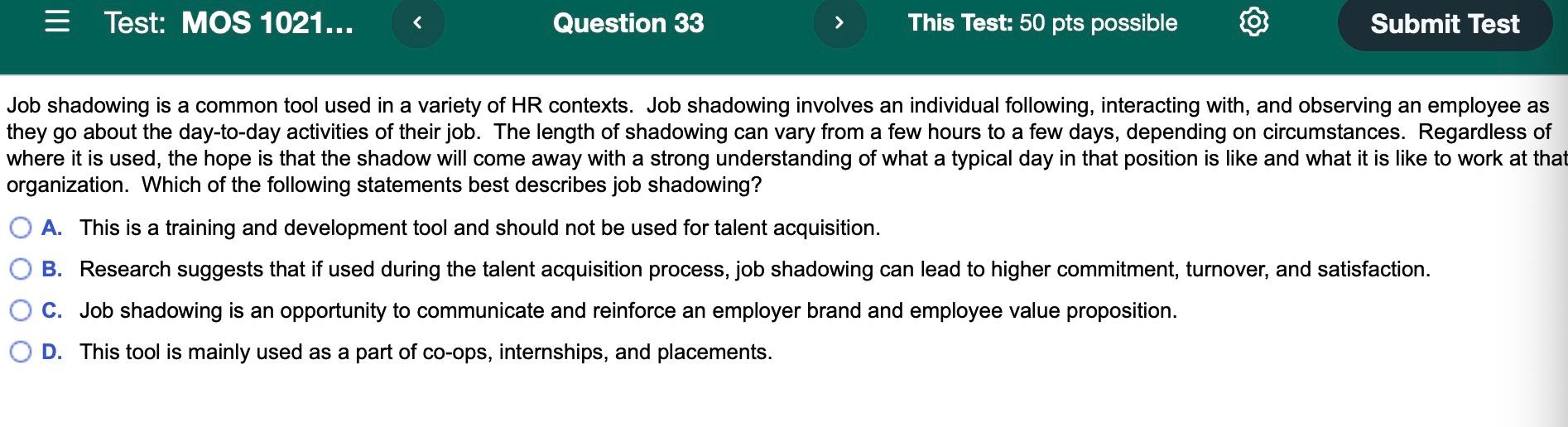 = Test: MOS 1021... Question 33 > This Test: 50