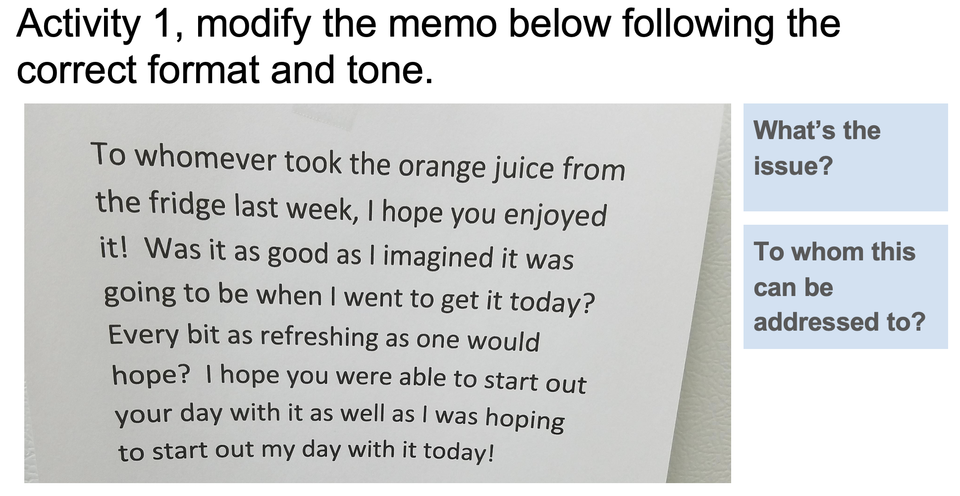 Activity 1, modify the memo below following the