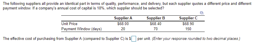 Show work pls!!!!! The following suppliers all