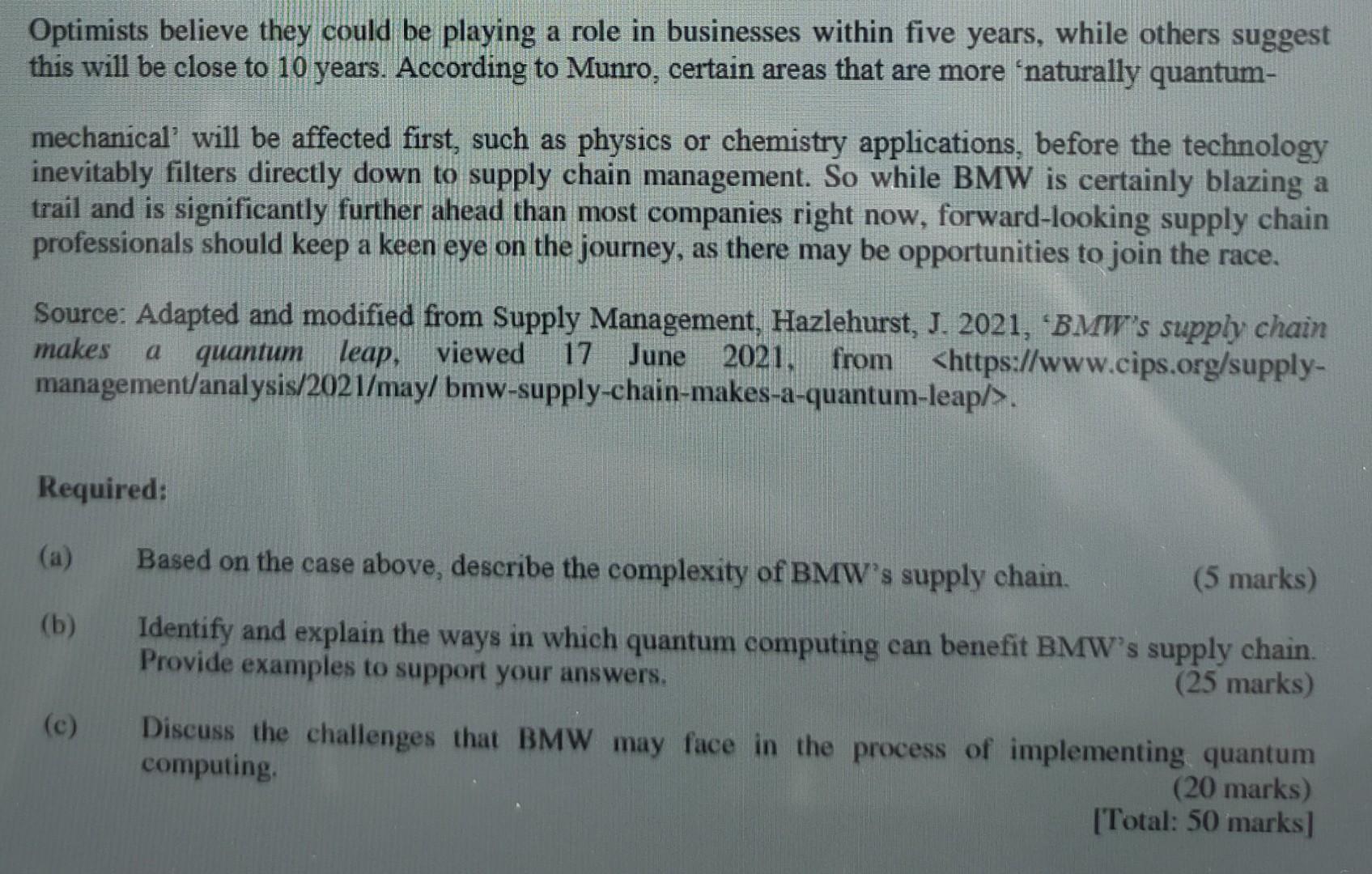 please help me to solve question c BMW's Supply