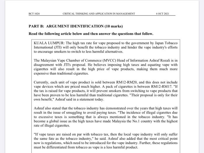 BCT 1024 CRITICAL THINKING AND APPLICATION IN