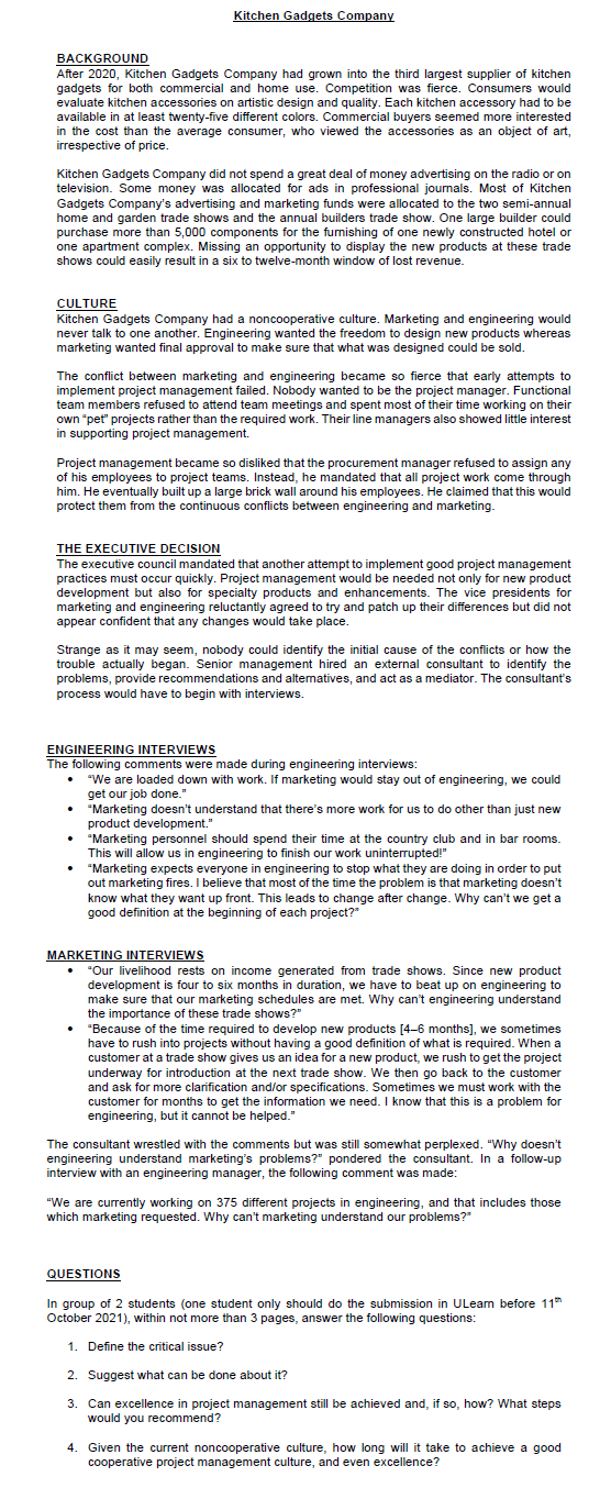 Kitchen Gadgets Company BACKGROUND After 2020,