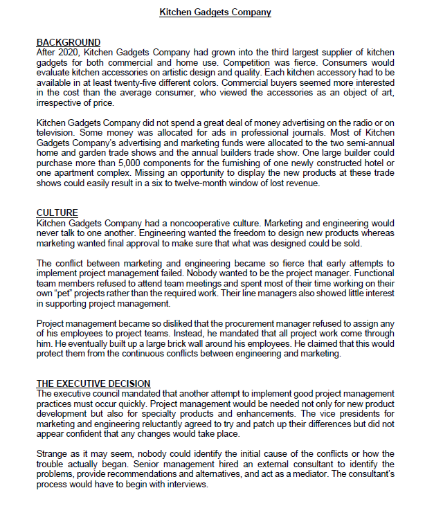 Kitchen Gadgets Company BACKGROUND After 2020,