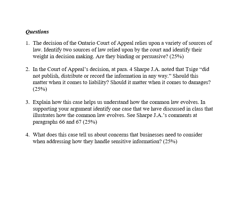 Questions 1. The decision of the Ontario Court of