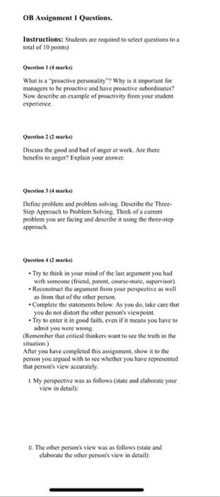 OB Assignment 1 Questions. Instructions: Students