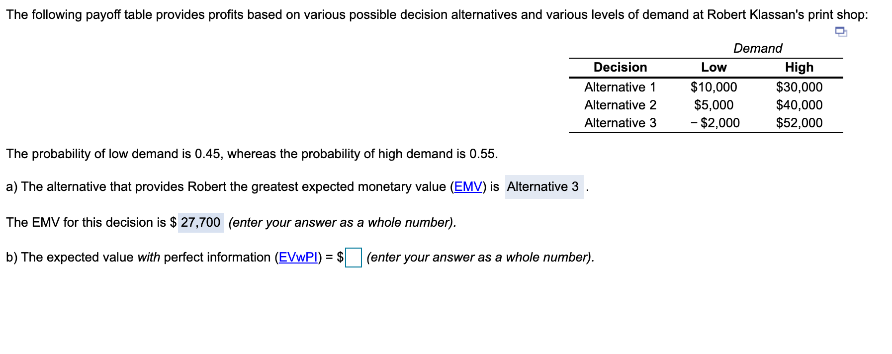 The following payoff table provides profits based