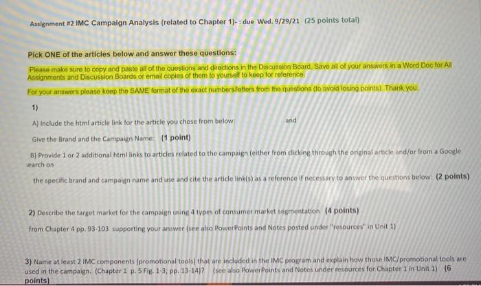 please answer asap its past due Assignment #2 IMC