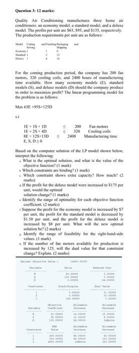 Question 3: 12 marks: Quality Air Conditioning