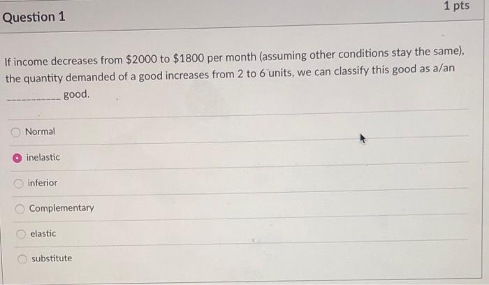 1 pts Question 1 If income decreases from $2000