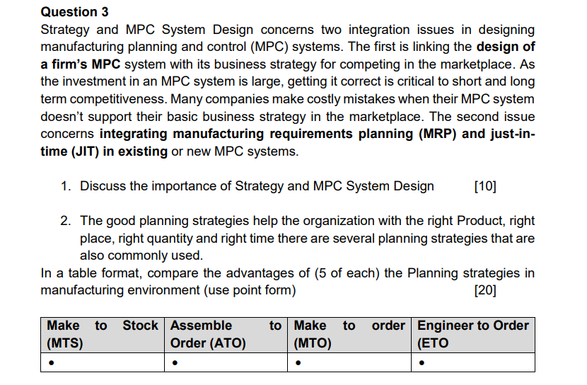 Question 3 Strategy and MPC System Design