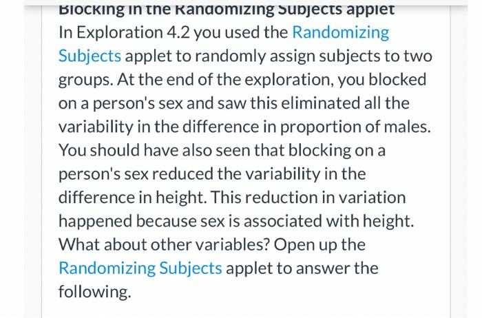 Blocking in the Randomizing Subjects applet In