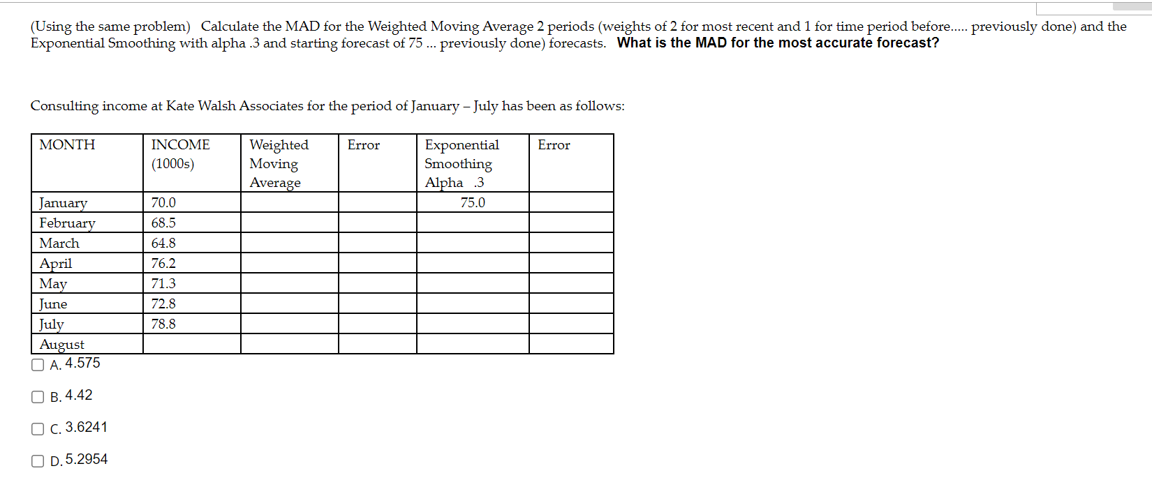 (Using the same problem) Calculate the MAD for
