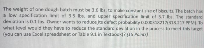 The weight of one dough batch must be 3.6 lbs. to