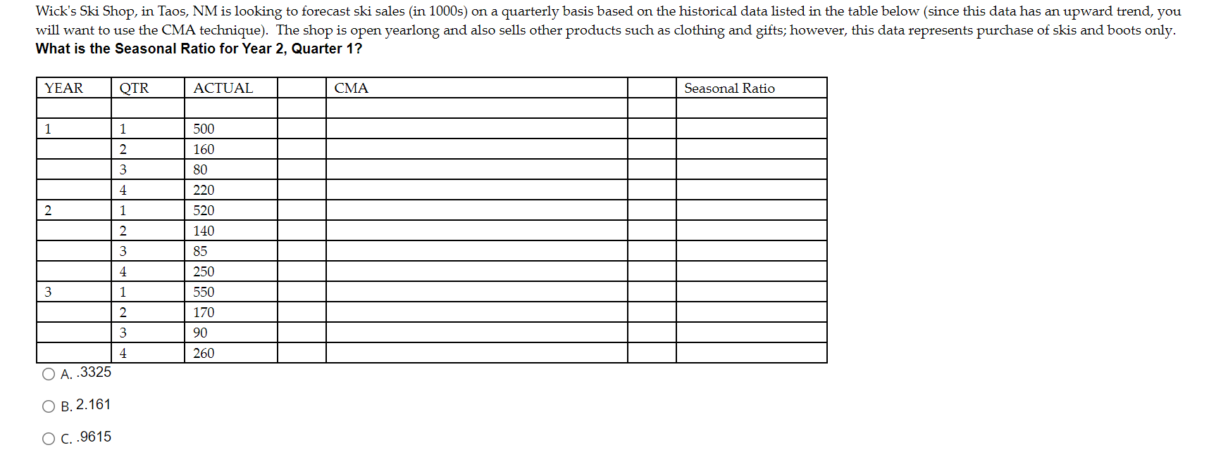 PLEASE PROVIDE ALL SEASONAL INDICES. OPTION D IS
