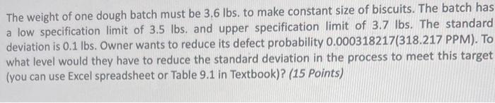 The weight of one dough batch must be 3.6 lbs. to