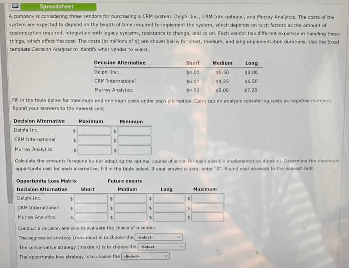 Spreadsheet A company is considering three