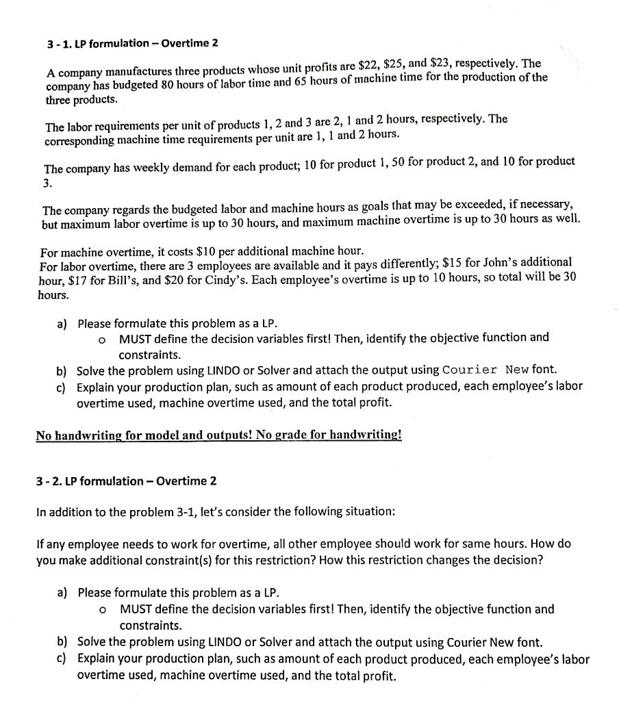 3-1. LP formulation - Overtime 2 A company
