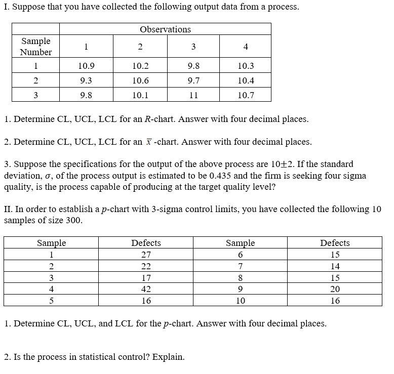 I. Suppose that you have collected the following