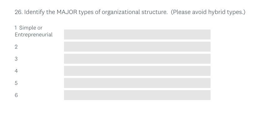 26. Identify the MAJOR types of organizational